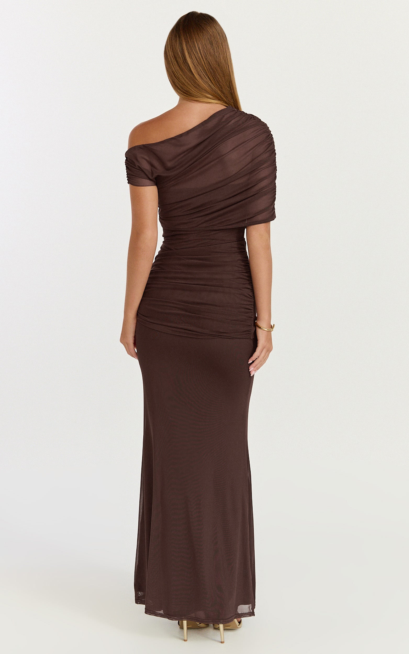 Nicolette Maxi Dress - Cape Sleeve Off Shoulder Dress in Chocolate