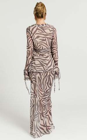 Rita Top - Georgette Tie Front Flared Sleeve Top in Abstract Zebra Print