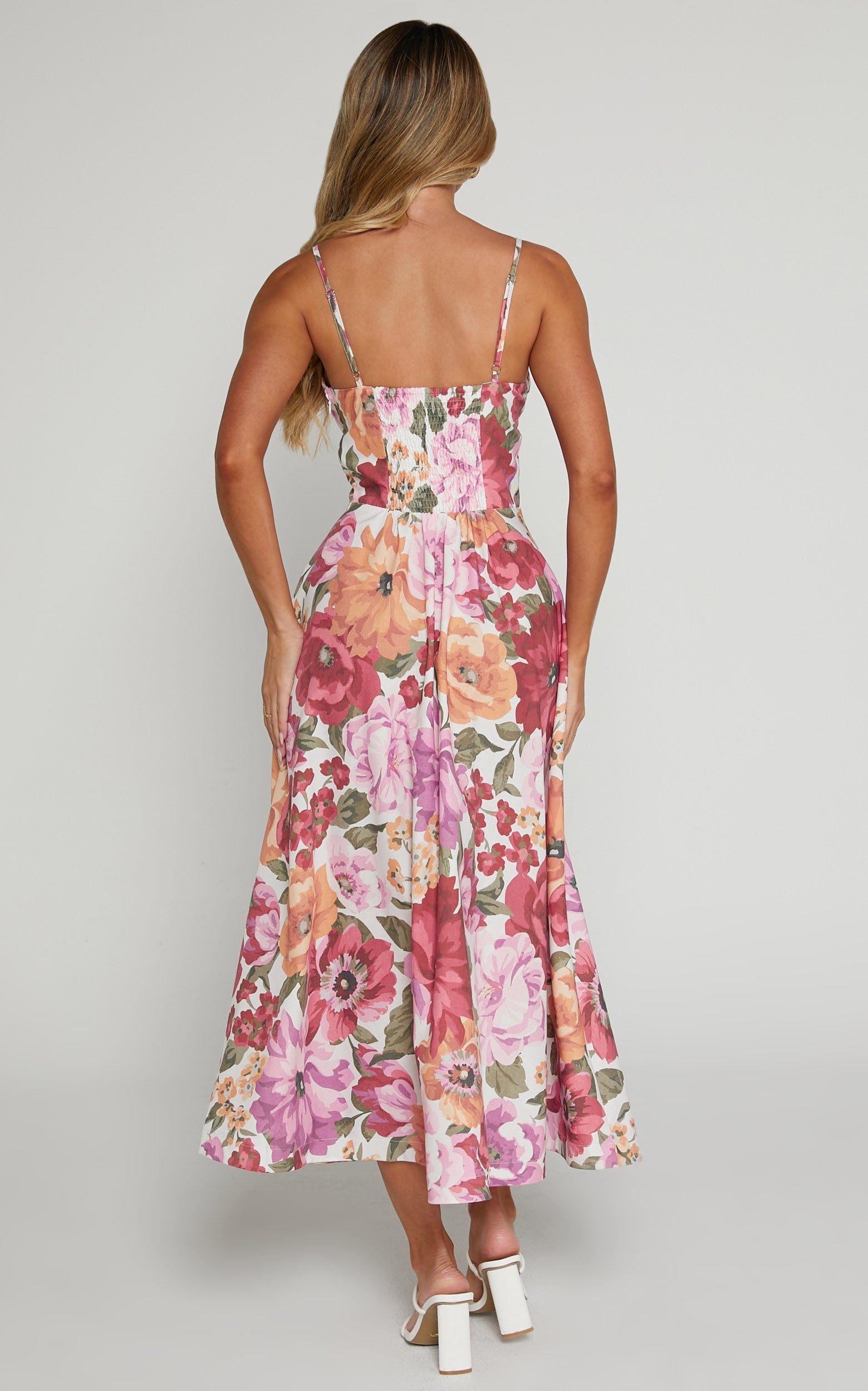 Robertson Midi Dress - Strappy Sweetheart Bustier Flare Dress in Spring Floral