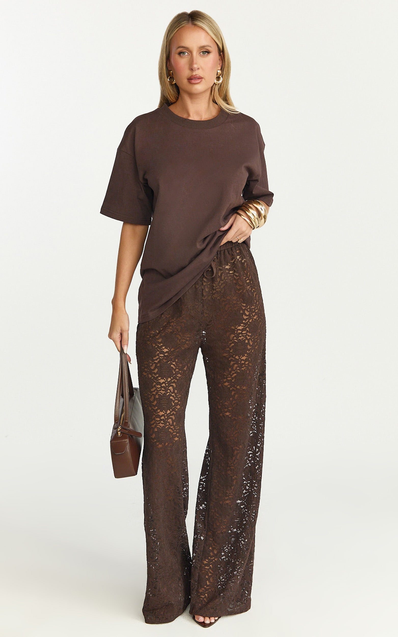 Roxy Pants - High Waist Lace Relaxed Drawstring Pants in Chocolate