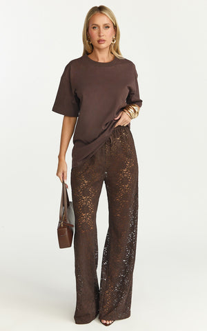 Roxy Pants - High Waist Lace Relaxed Drawstring Pants in Chocolate