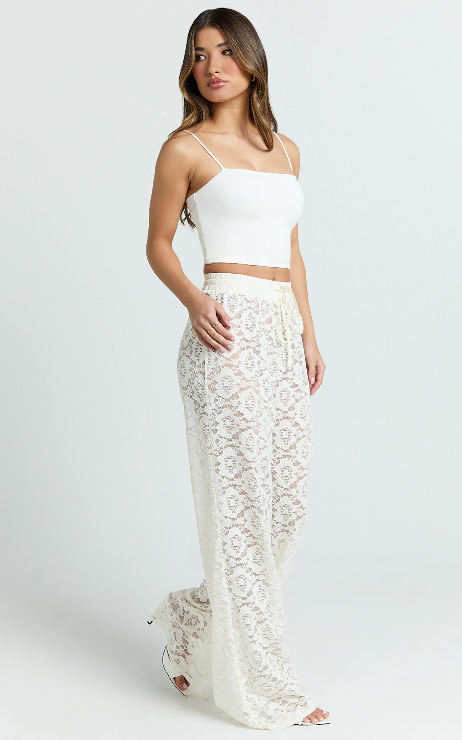 Roxy Pants - High Waist Lace Relaxed Drawstring Pants in Off White