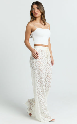 Roxy Pants - High Waist Lace Relaxed Drawstring Pants in Off White