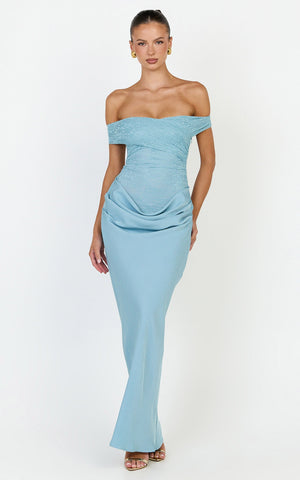 Thalassa Maxi Dress - Lace Off Shoulder Contrast Draped Cowl Waist Dress in Light Blue