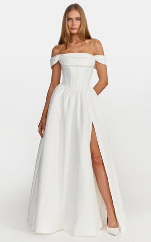 Eden Maxi Dress - Off Shoulder Draped Bust Corset Dress in White