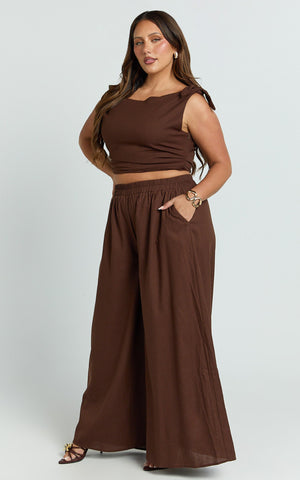 Tamara Pants - High Elasticated Waist Wide Leg Pants in Chocolate