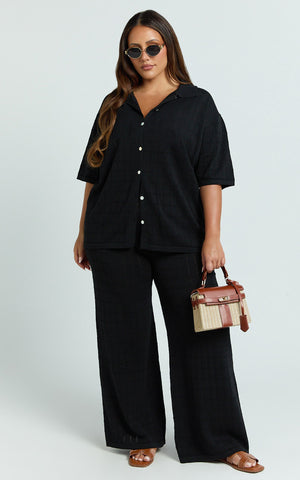 Tommy Two Piece Set - Knit Button Through Top and Pants Two Piece Set in Black