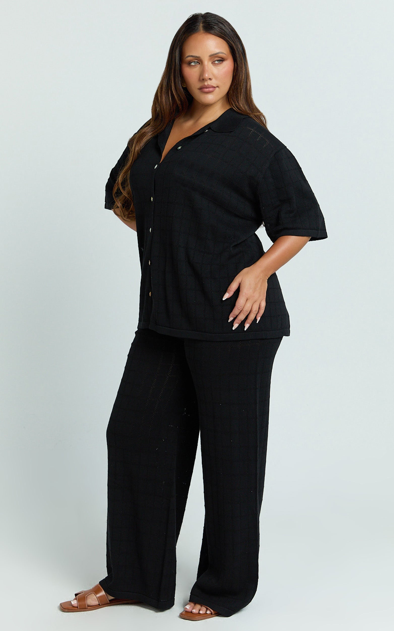 Tommy Two Piece Set - Knit Button Through Top and Pants Two Piece Set in Black