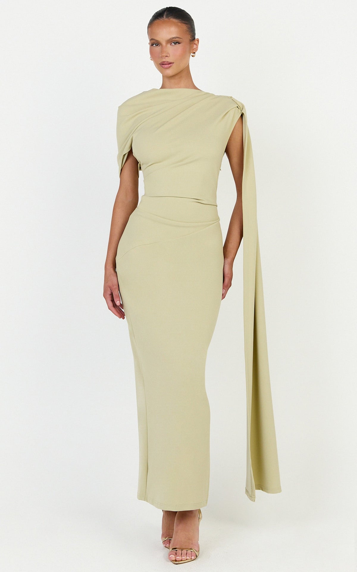 Visenta Midi Dress - Asymmetrical Sleeve Dress in Sage