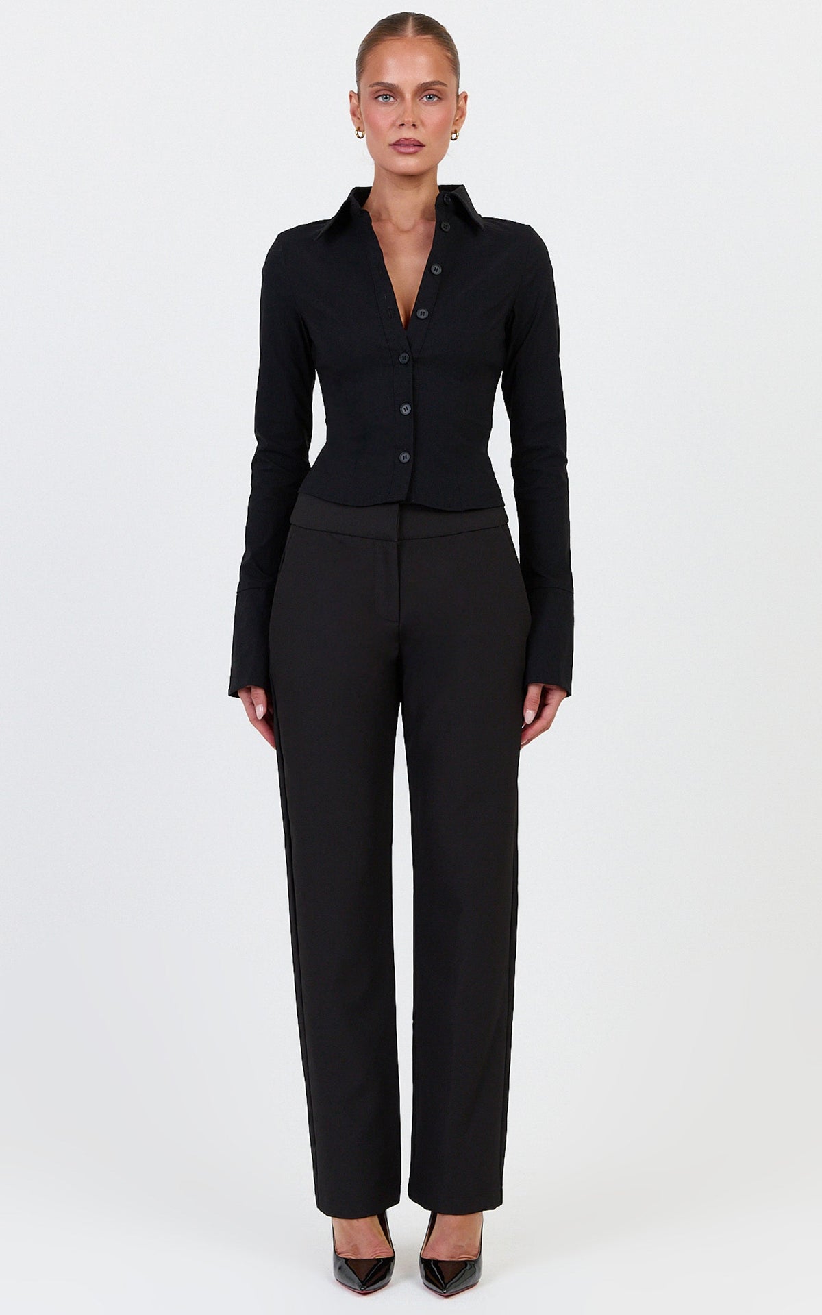 Zareena Top - Button Down Collar Shirt in Black