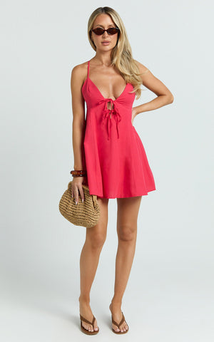 Zora Mini Dress - V Neck Bow Front Baby Doll Mini Dress in Red